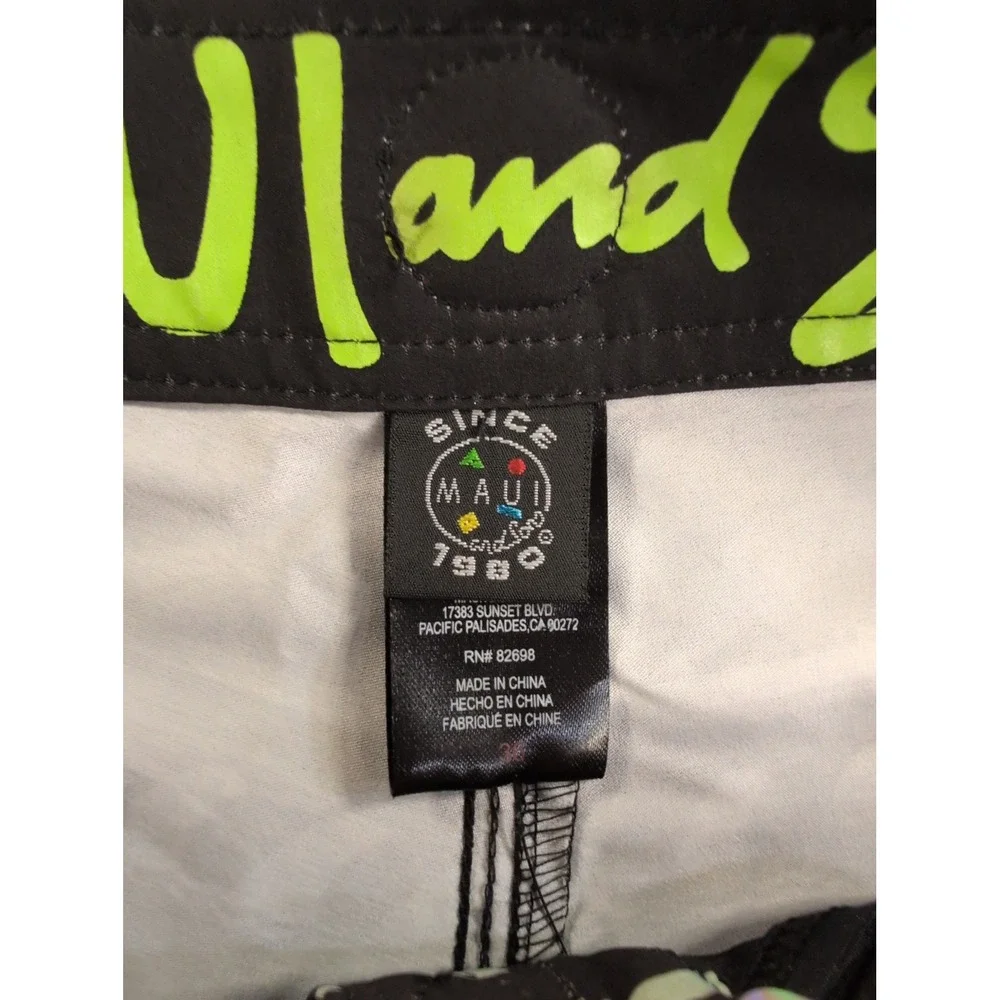 Maui and Sons Mens‎ Board Shorts Size 36 Black Neon Striped Floral Shark Fin NWT